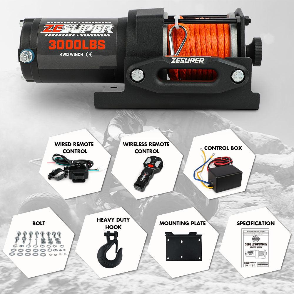 ZESUPER 12V Electric Winch 3000lbs Synthetic Rope Wireless Remote ATV UTV BOAT.