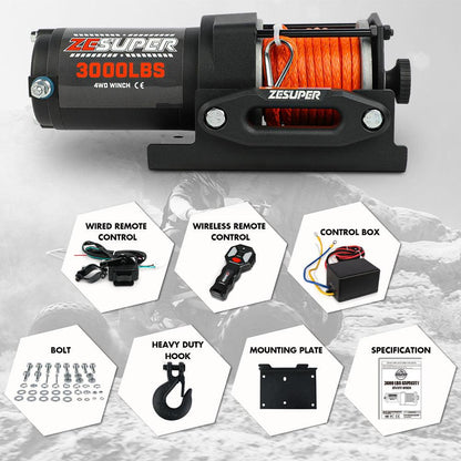 ZESUPER 12V Electric Winch 3000lbs Synthetic Rope Wireless Remote ATV UTV BOAT.
