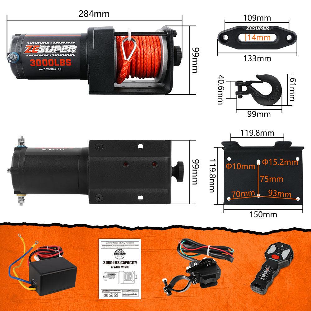 ZESUPER 12V Electric Winch 3000lbs Synthetic Rope Wireless Remote ATV UTV BOAT.
