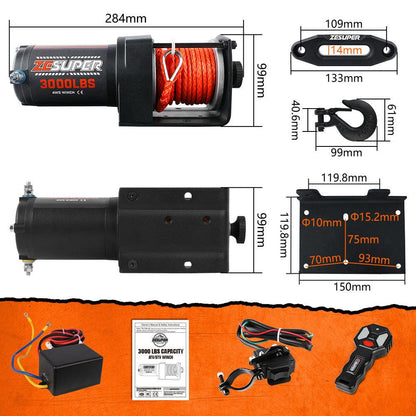 ZESUPER 12V Electric Winch 3000lbs Synthetic Rope Wireless Remote ATV UTV BOAT.
