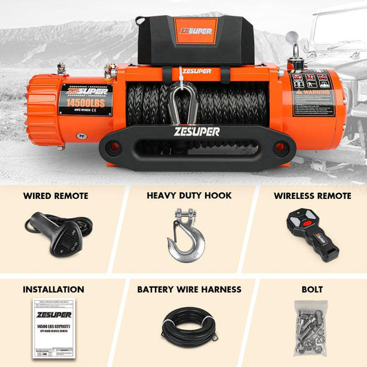 ZESUPER 14500lbs Electric Winch 12V Synthetic Rope Wireless Remote 4X4 4WD Car.