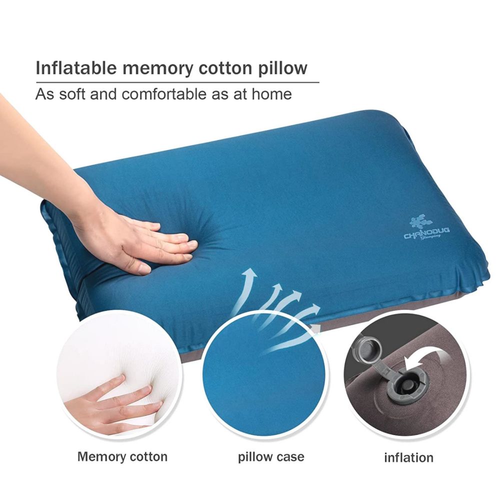 Self Inflating Camping Pillow with Ergonomic 4D Support - Blue.