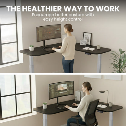 FORTIA Corner Standing Desk, 160x140cm, 72-118cm Sit to Stand Up Electric Height Adjustable, Black Desktop/Silver Frame