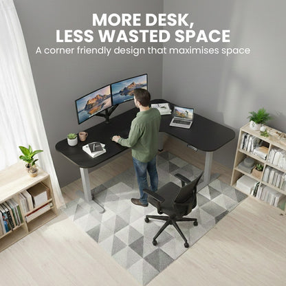 FORTIA Corner Standing Desk, 160x140cm, 72-118cm Sit to Stand Up Electric Height Adjustable, Black Desktop/Silver Frame