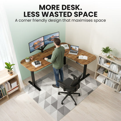 FORTIA Corner Standing Desk, 160x140cm, 72-118cm Sit to Stand Up Electric Height Adjustable, Walnut Style Desktop/Black Frame