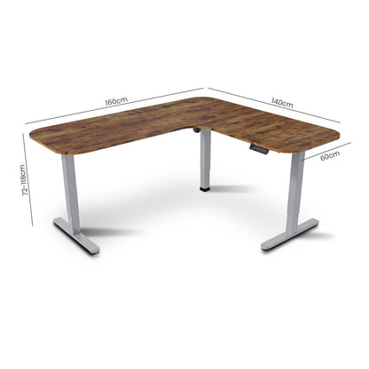 FORTIA Corner Standing Desk, 160x140cm, 72-118cm Sit to Stand Up Electric Height Adjustable, Walnut Style Desktop/Silver Frame
