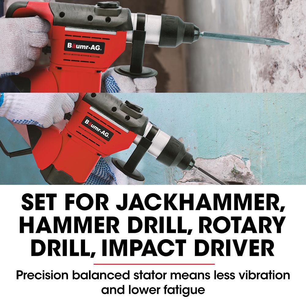 Baumr-AG 1500W Pro-Grade Electric Rotary Jackhammer Hammer Drill, with 2 Bonus Chisels, 3 Drill Bits.
