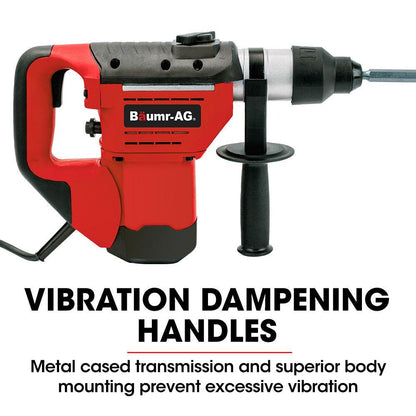 Baumr-AG 1500W Pro-Grade Electric Rotary Jackhammer Hammer Drill, with 2 Bonus Chisels, 3 Drill Bits.