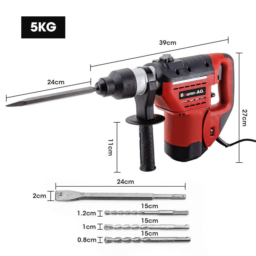 Baumr-AG 1500W Pro-Grade Electric Rotary Jackhammer Hammer Drill, with 2 Bonus Chisels, 3 Drill Bits.
