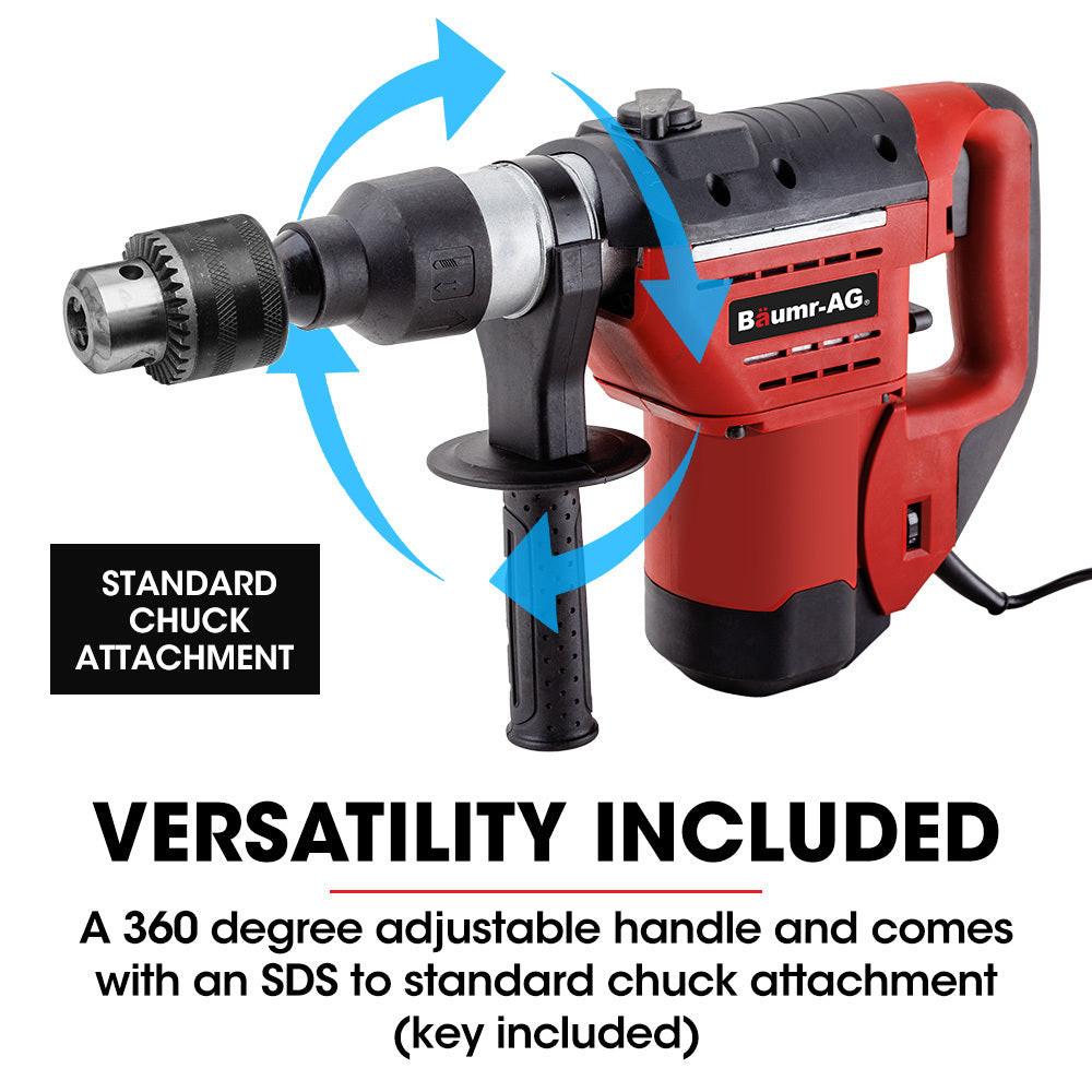 Baumr-AG 1500W Pro-Grade Electric Rotary Jackhammer Hammer Drill, with 2 Bonus Chisels, 3 Drill Bits.