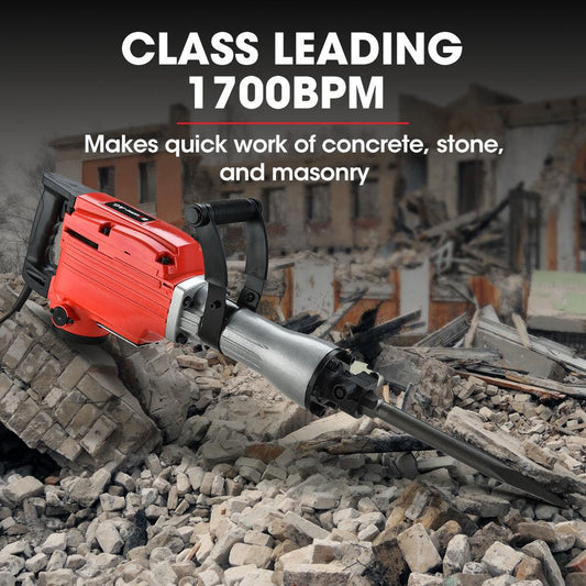 Baumr-AG 2200W Pro-Grade Electric Demolition Jackhammer, with 3 Bonus Chisels, Steel Carry Case.