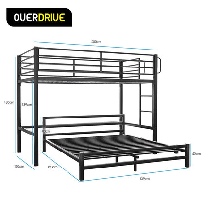 KINGSTON SLUMBER Metal Single Loft Bed And Double Underbed Frame, Multifunctional, Space Saving with Fixed Ladder, Matte Dark Grey