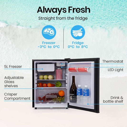 GECKO 70L Portable Bar Fridge and Freezer 12V/24V for Camping, Caravans, Black.