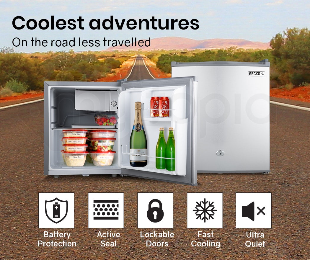 GECKO 57L Portable Camping Bar Fridge with Freezer 12V/24V, Silver.