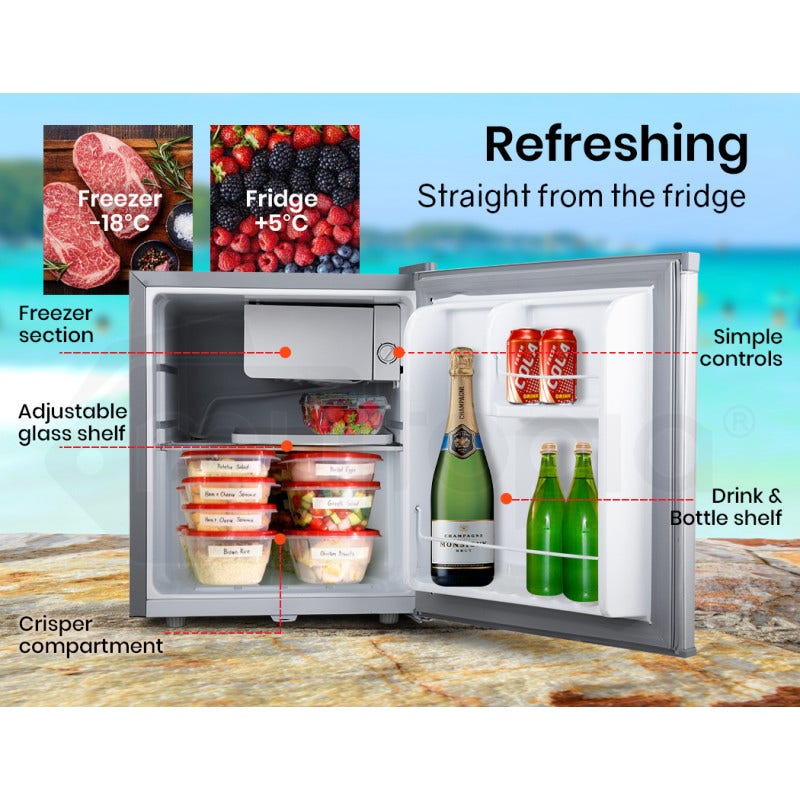 GECKO 57L Portable Camping Bar Fridge with Freezer 12V/24V, Silver.