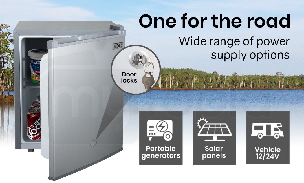 GECKO 57L Portable Camping Bar Fridge with Freezer 12V/24V, Silver.