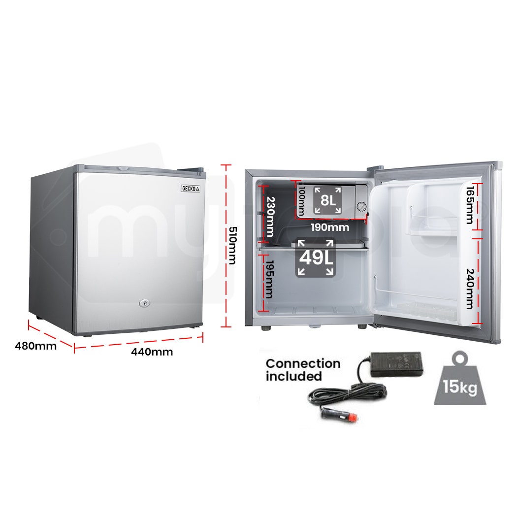 GECKO 57L Portable Camping Bar Fridge with Freezer 12V/24V, Silver.