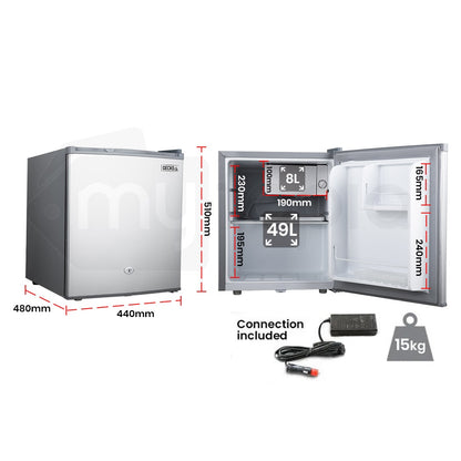GECKO 57L Portable Camping Bar Fridge with Freezer 12V/24V, Silver.