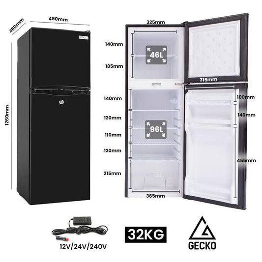GECKO 142L Upright Portable Fridge / Freezer, 12V/24V for Motorhome and Caravan, Black.