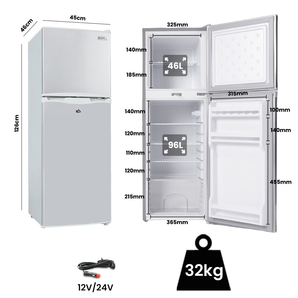 GECKO 142L Upright Portable Fridge / Freezer, 12V/24V for Motorhome and Caravan, Silver.