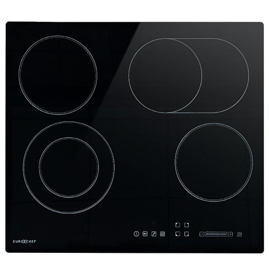 EuroChef 60cm 4 Zone Ceramic Cooktop, 6600W Electric, FlexiZone Adjustable Size Hobs, Touch Controls.