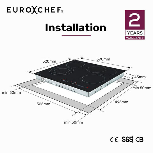 EuroChef 60cm 4 Zone Ceramic Cooktop, 6600W Electric, FlexiZone Adjustable Size Hobs, Touch Controls.