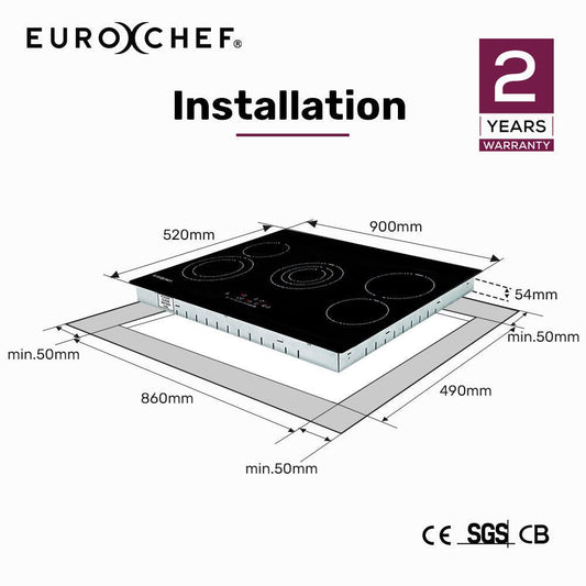 EuroChef 90cm 5 Zone Ceramic Cooktop, 8900W Electric, FlexiZone Adjustable Size Hobs, Touch Controls.