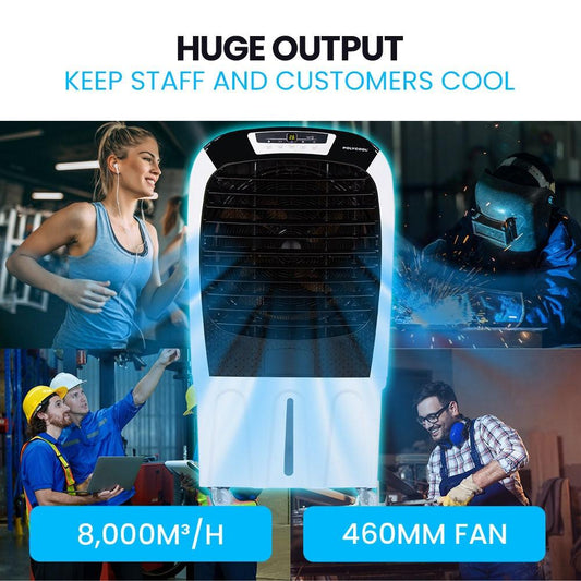 POLYCOOL 450W 80L Evaporative Air Cooler, Commercial Grade, Remote Control, Fan.