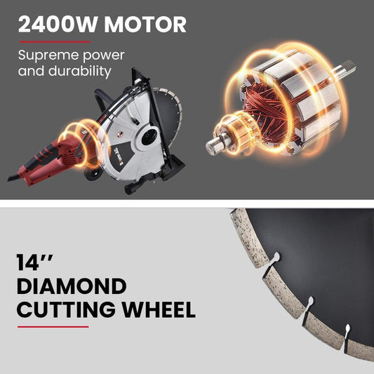 BAUMR-AG 2400W Electric Concrete Saw 355mm Demolition Cutter Wet Dry Demo Tool Circular Cutting.