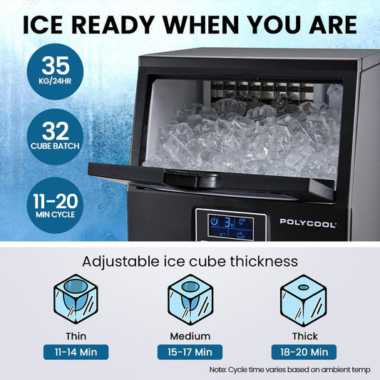 POLYCOOL Commercial Ice Maker Machine, up to 35kg/24hr, Timer & Self Cleaning Programs.