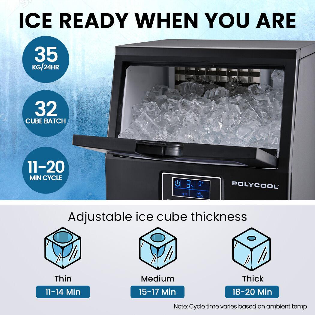 POLYCOOL Commercial Ice Maker Machine, up to 35kg/24hr, Timer & Self Cleaning Programs.