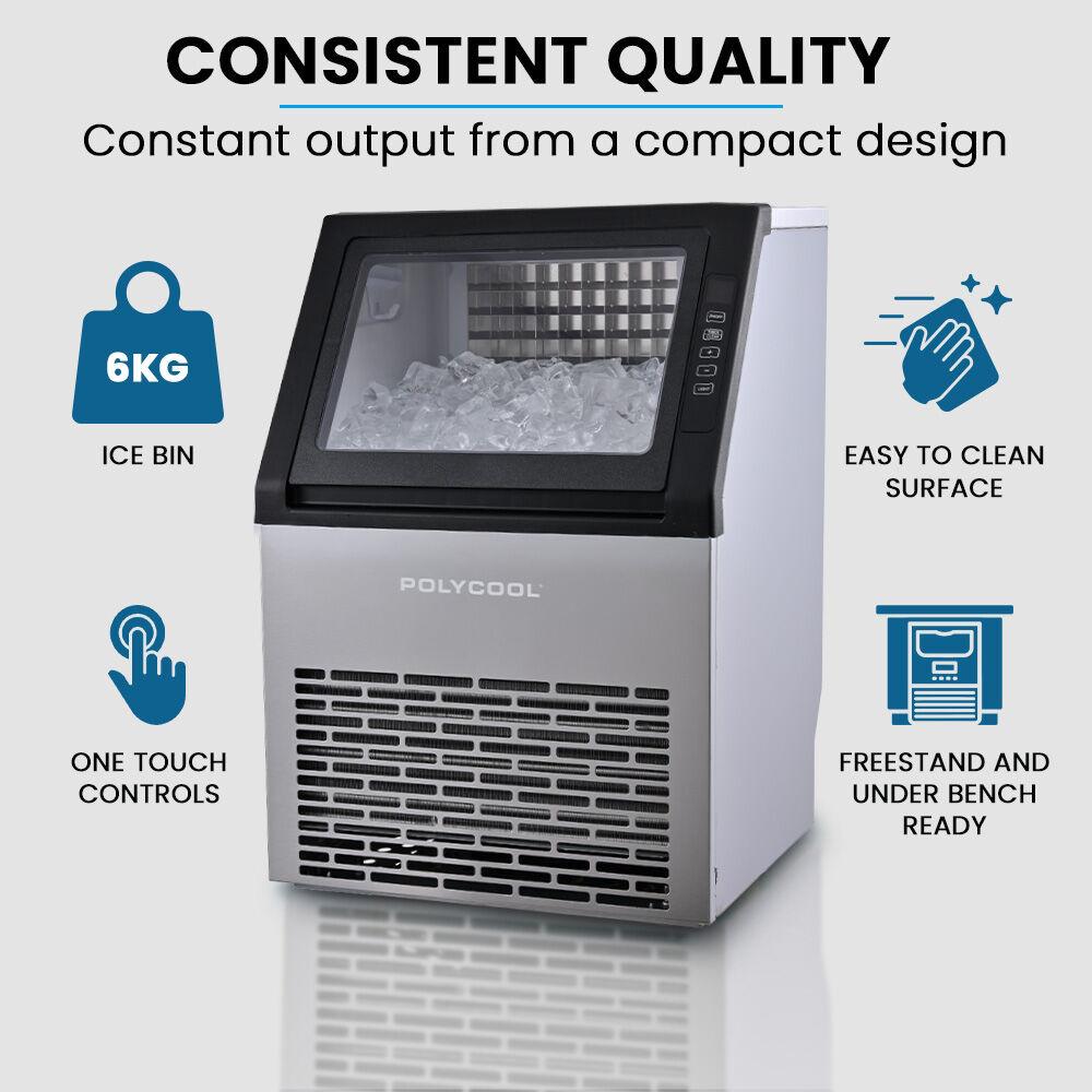 POLYCOOL Commercial Ice Maker Machine, up to 45kg/24hr, Timer & Self Cleaning Programs.
