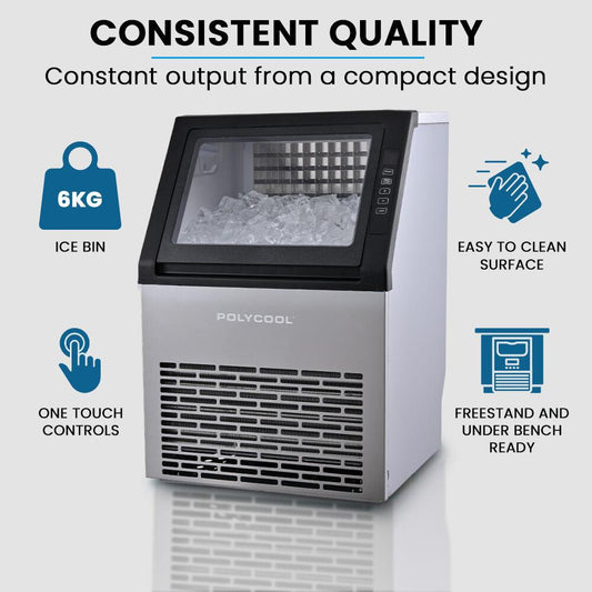 POLYCOOL Commercial Ice Maker Machine, up to 45kg/24hr, Timer & Self Cleaning Programs.