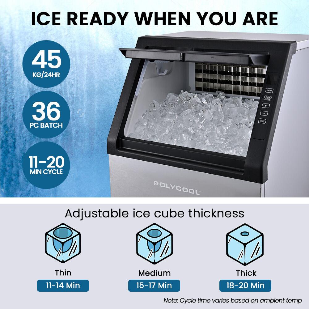 POLYCOOL Commercial Ice Maker Machine, up to 45kg/24hr, Timer & Self Cleaning Programs.