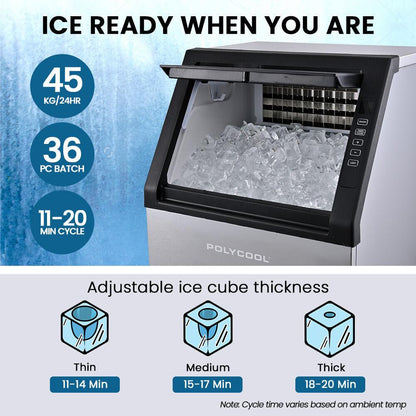 POLYCOOL Commercial Ice Maker Machine, up to 45kg/24hr, Timer & Self Cleaning Programs.