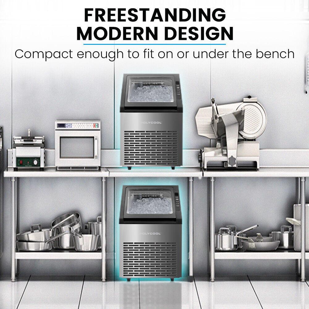 POLYCOOL Commercial Ice Maker Machine, up to 45kg/24hr, Timer & Self Cleaning Programs.