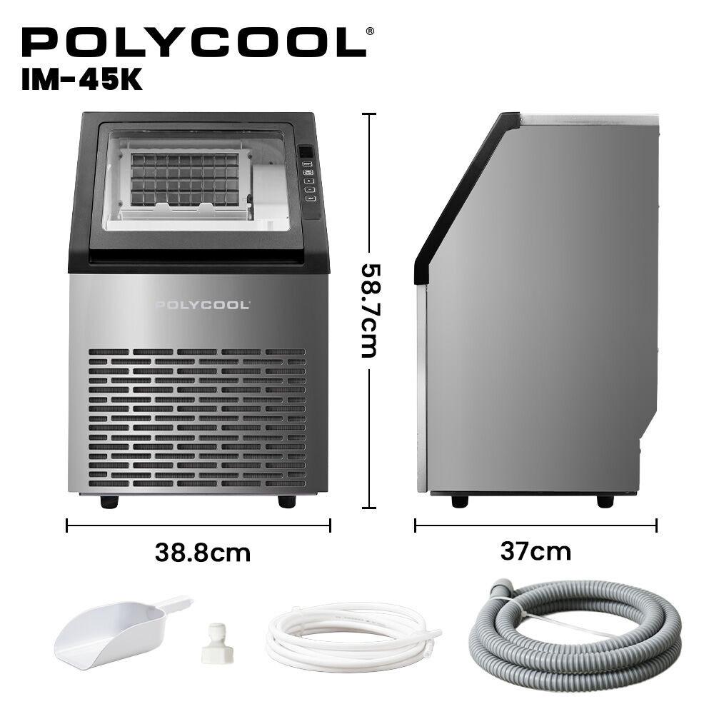 POLYCOOL Commercial Ice Maker Machine, up to 45kg/24hr, Timer & Self Cleaning Programs.