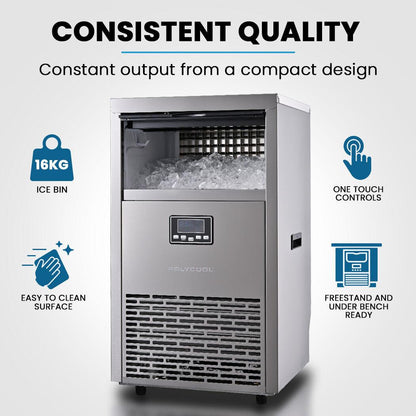 POLYCOOL Commercial Ice Maker Machine, up to 75kg/24hr, Timer & Self Cleaning Programs.