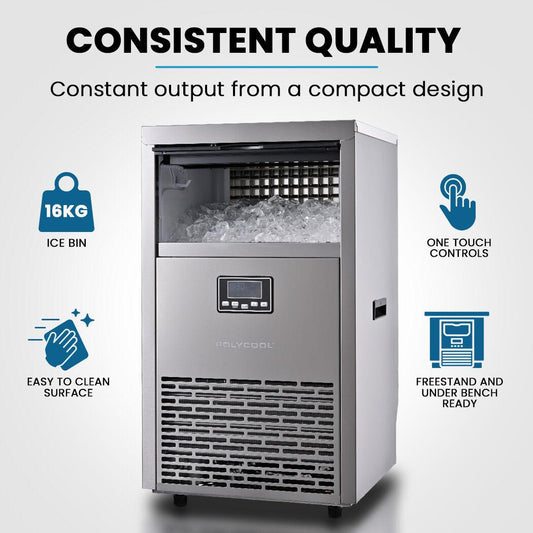 POLYCOOL Commercial Ice Maker Machine, up to 75kg/24hr, Timer & Self Cleaning Programs.