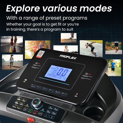 Proflex TRX9s Electric Treadmill, Large Size, 450mm Belt, 10-inch display, Foldable, Suspension, Auto Incline, WiFi, Bluetooth, Pulse Sensors
