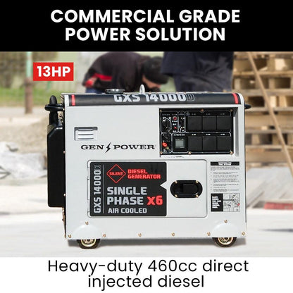 GENPOWER 8.4kW Peak 6kW Rated Commercial Diesel Generator, Electric Key Start, 6 x 15A, Single Phase.