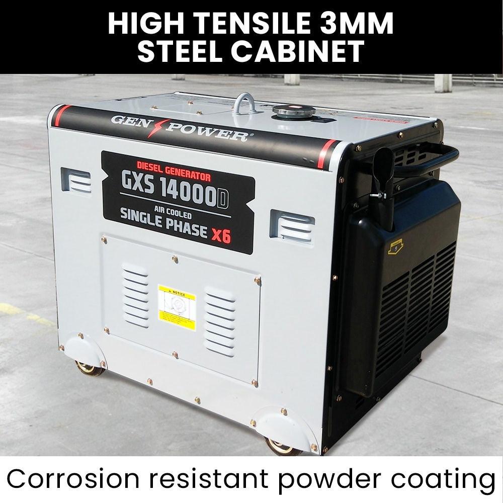 GENPOWER 8.4kW Peak 6kW Rated Commercial Diesel Generator, Electric Key Start, 6 x 15A, Single Phase.