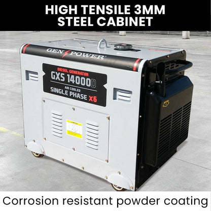 GENPOWER 8.4kW Peak 6kW Rated Commercial Diesel Generator, Electric Key Start, 6 x 15A, Single Phase.
