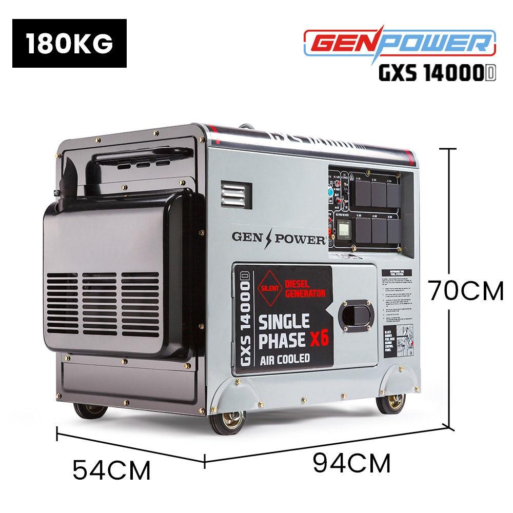 GENPOWER 8.4kW Peak 6kW Rated Commercial Diesel Generator, Electric Key Start, 6 x 15A, Single Phase.