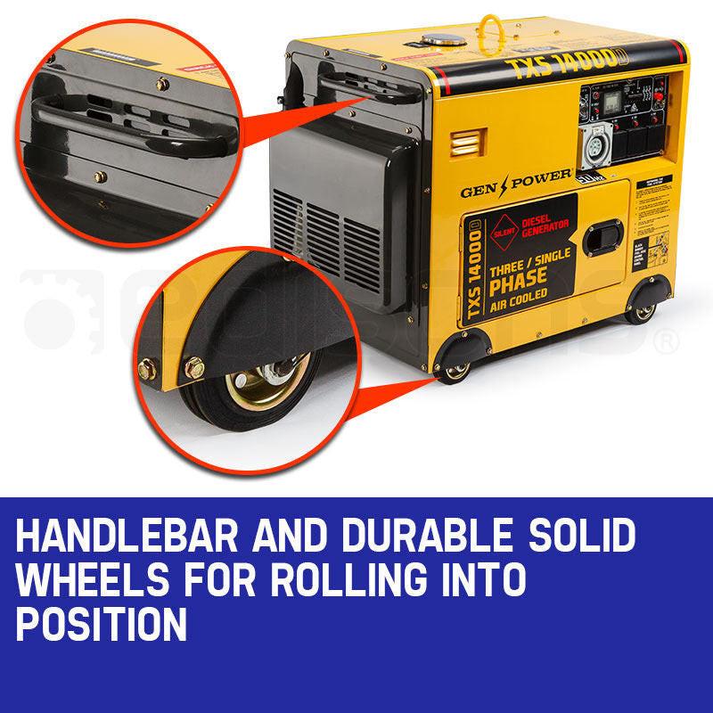 GENPOWER 7kW Peak 5kW Rated Commercial Diesel Generator, Electric Key Start, 1 x 20A 415V 3 Phase, 3 x 15A 240V.