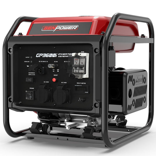 GENPOWER 3.6kW Peak 3.2kW Open Frame Inverter Generator, 2x15A, 11L Tank, Portable, Backup.
