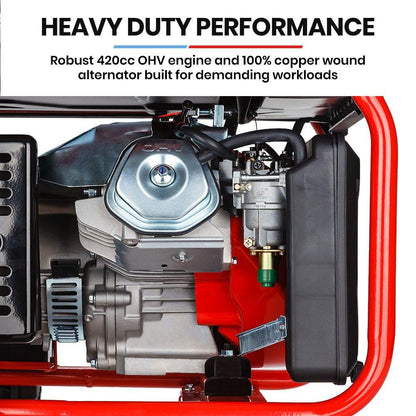 GENPOWER Portable Petrol Generator 8.4kW Max 6kW Rated Single Phase 18HP 420cc 4-Stroke Engine.