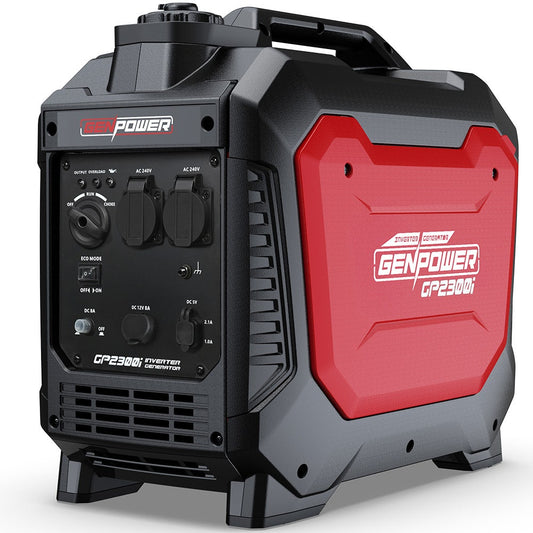 GENPOWER 2.3kW Peak 1.8kW Inverter Generator, 2x15A, 12V, USB, Portable, Petrol, Camping, Home Backup.