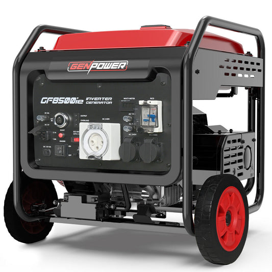 GENPOWER 8.5kW Peak 7.2kw Open Frame Inverter Generator, Push-Button Start, 2x15A, 1x32A, 20L Tank, Wheels, RCD, Portable, Backup.