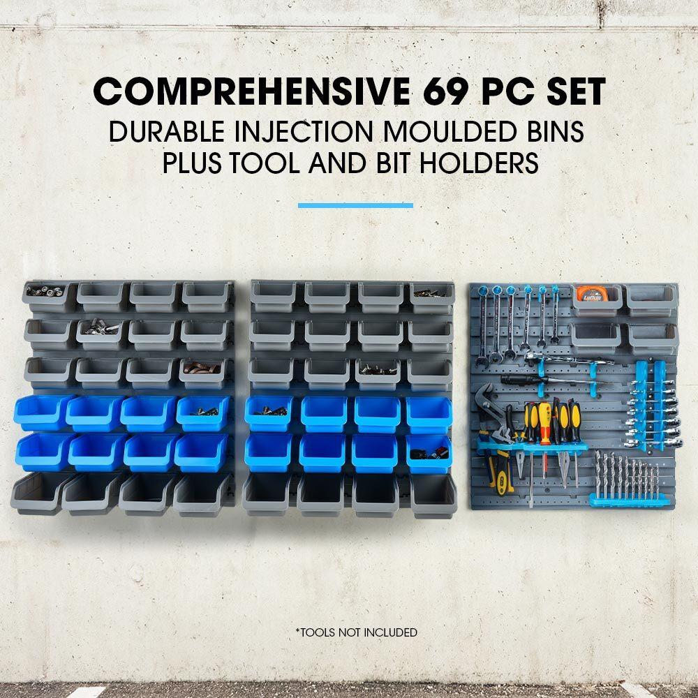 BAUMR-AG 69pc Wall Mounted Parts Bin Rack with Tool Holders - Blue.